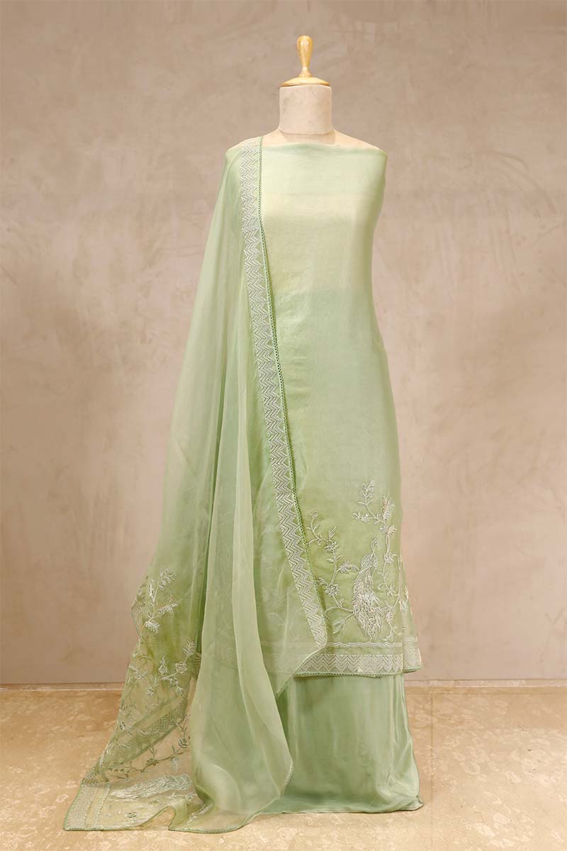 Pistachio Green Organza Silk Salwar Suit with Mayur Motif Dupatta Pistachio Green Organza Silk Salwar Suit with Mayur Motif Dupatta