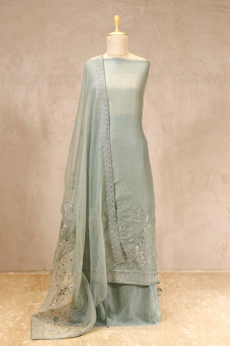 Blue Sage Organza Silk Salwar Suit with Mayur Motif Dupatta