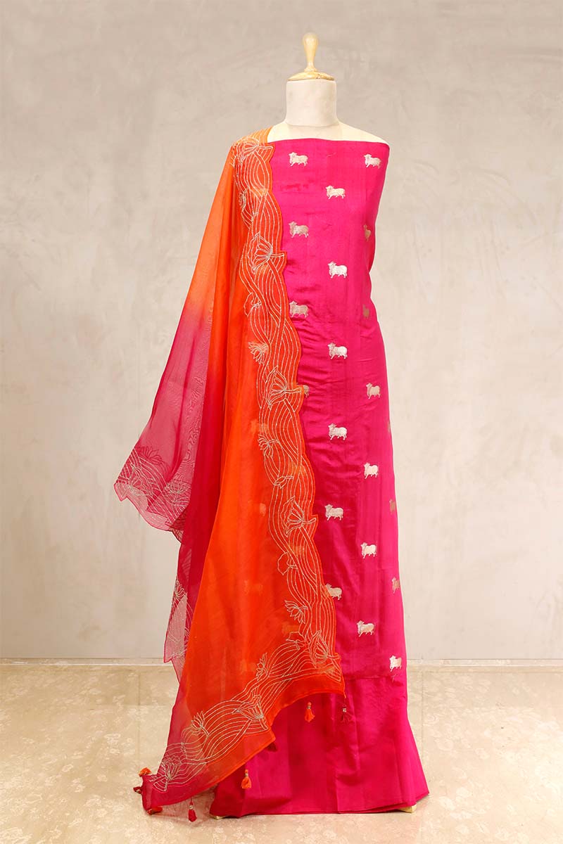 Magenta Pink Chiniya Silk Salwar Suit with Pichwai Motifs – Chinaya Banaras