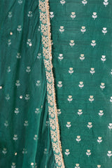 Bottle Green Chiniya Silk Women Suit Set with Floral Motifs