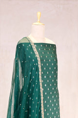 Bottle Green Chiniya Silk Women Suit Set with Floral Motifs