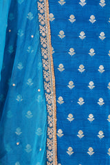 Cobal Blue Chiniya Silk Women Suit Set with Floral Motifs