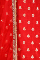 Deep Red Chiniya Silk Women Suit Set with Floral Motifs