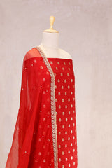 Deep Red Chiniya Silk Women Suit Set with Floral Motifs