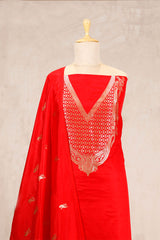 Deep Red Katan Silk Salwar Suit with Bird Motif Dupatta