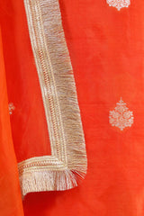 Orange Dupion Silk Suit Set with Gayatri Mantra Dupatta