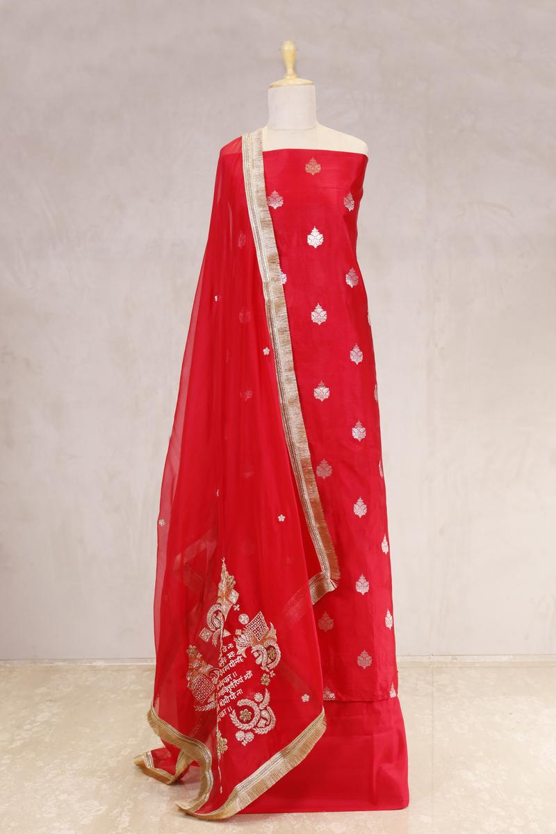 Red dupion Silk Suit Set with Gayatri Mantra Dupatta – Chinaya Banaras