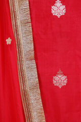 Red dupion Silk Suit Set with Gayatri Mantra Dupatta