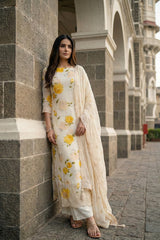 White Chiffon Salwar Suit Set with Floral Prints