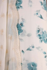 White & Blue Chiffon Salwar Suit Set with Floral Prints