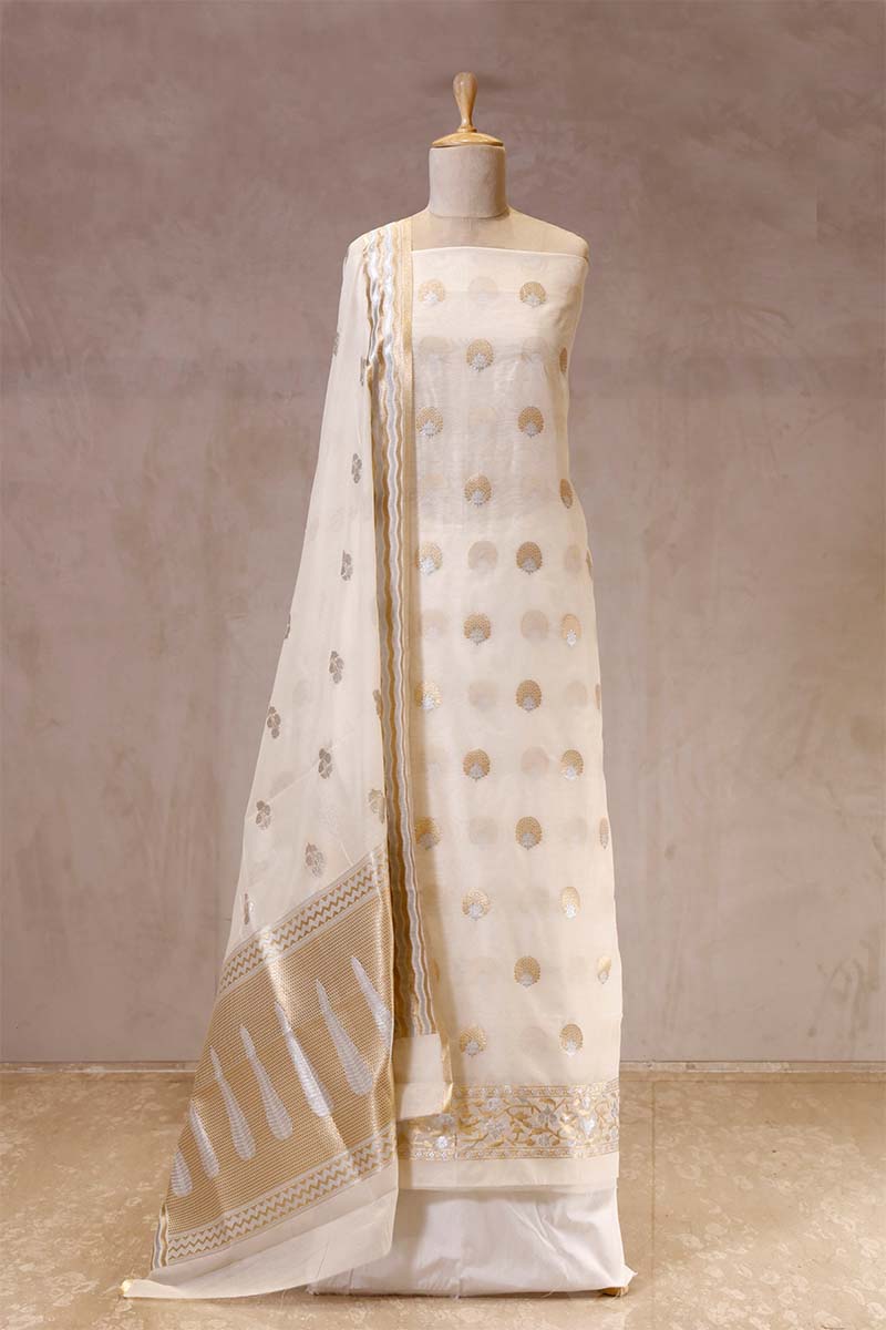 Cream Banarasi Salwar Suit Set with Floral Motifs for Wedding Chinaya Banaras Cream Banarasi Salwar Suit Set with Floral Motifs for Wedding Chinaya Banaras