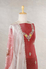 Rust Red Tissue Silk Salwar Suit with Floral Motifs