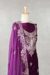 Purple Dupion Silk Salwar Suit with Designer Neckline Embellishments