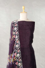 Wine Organza Silk Salwar Suit with Floral Print Dupatta