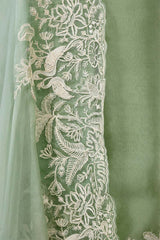 Sage Green Organza Silk Salwar Suit with Floral Birds Embroidery