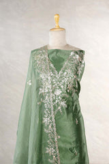 Sage Green Dupion Silk Salwar Suit with Organza Dupatta