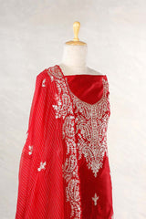 Red Dupion Silk Salwar Suit with Designer Neckline Embellishments