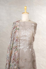 Grey Organza Silk Salwar Suit Set with Floral Printed Dupatta