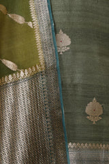 Green Handloom Tussar Silk Dress Material with Rangkat Organza Dupatta