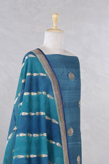 Teal Blue Handloom Tussar Silk Salwar Suit with Rangkat Organza Dupatta