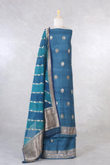 Teal Blue Handloom Tussar Silk Salwar Suit with Rangkat Organza Dupatta