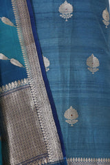 Teal Blue Handloom Tussar Silk Salwar Suit with Rangkat Organza Dupatta