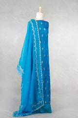Blue Katan Silk Salwar Suit with With Embellished Dupatta