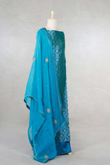Blue Banarasi Salwar Suit with Embellished Organza Dupatta
