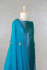 Blue Banarasi Salwar Suit with Embellished Organza Dupatta