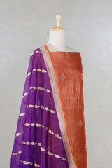 Rust Handloom Tussar Silk Salwar Suit with Organza Dupatta
