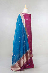Wine Handloom Tussar Silk Salwar Suit with Organza Dupatta