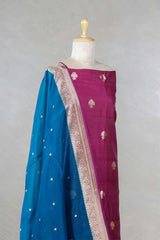 Wine Handloom Tussar Silk Salwar Suit with Organza Dupatta