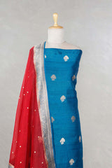 Blue Handloom Tussar Silk Salwar Suit with Organza Dupatta