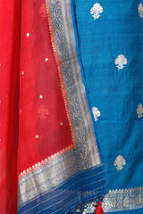 Blue Handloom Tussar Silk Salwar Suit with Organza Dupatta