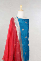 Blue Handloom Tussar Silk Salwar Suit with Organza Dupatta