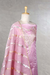 Pink Banarasi Satin Silk Suit Set with Organza Dupatta