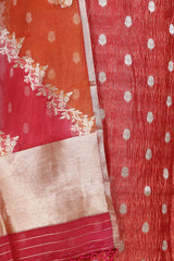 Rust Orange Crushed Tissue Silk Salwar Suit Set with Rangkat Dupatta