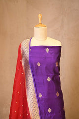 Purple Banarasi Silk Salwar Suit Set with Red Organza Dupatta