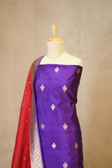 Purple Banarasi Silk Salwar Suit Set with Red Organza Dupatta