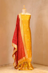 Yellow Banarasi Silk Salwar Suit Set with Red Organza Dupatta