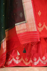 Red Banarasi Silk Salwar Suit Set with Green Organza Dupatta