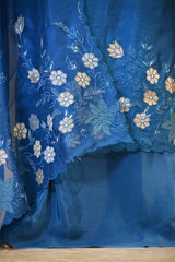 Blue Organza Silk Salwar Suit Set with Appliqué Floral Work
