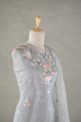 Steel Grey Tissue Silk Salwar Suit with Hand Emberoidery