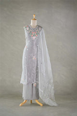 Steel Grey Tissue Silk Salwar Suit with Hand Emberoidery