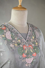 Steel Grey Tissue Silk Salwar Suit with Hand Emberoidery