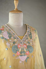 Yellow Tissue Silk Salwar Suit with Hand Emberoidery