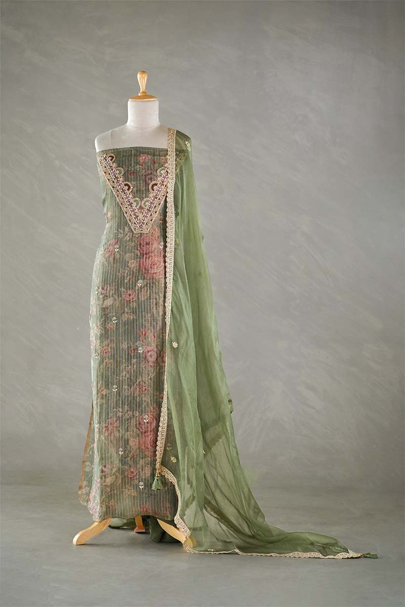 Heena Green Tissue Silk Salwar Suit with Floral Print