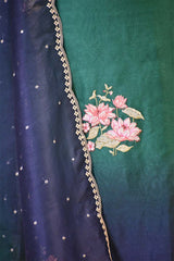 Green and Blue Shaded Organza Silk Suit Set with Floral Embroidery