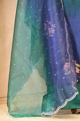 Green and Blue Shaded Organza Silk Suit Set with Floral Embroidery