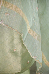 Sage Green Tissue Silk Salwar Suit with Floral Hand Embroidery
